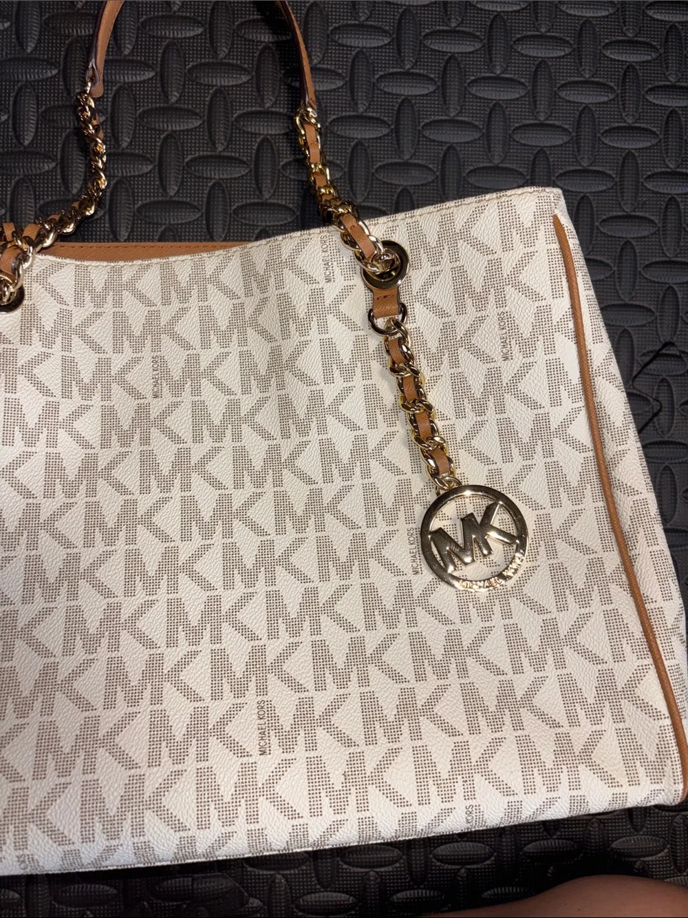 Michael Kors White and Brown MK Logo Chain-Handle Tote